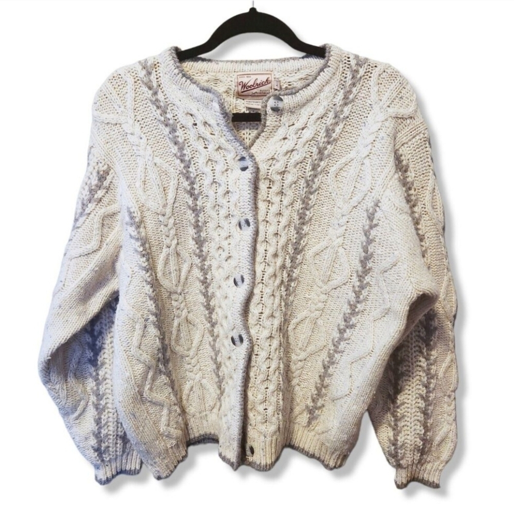 WOOLRICH Fair isle Icelandic Nordic 100% Wool Hand knit Sweater Cardigan Women L